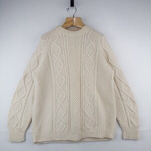 Vintage Handmade Aran Fisherman Cable Knit Wool Sweater Men's Large (42) Cream